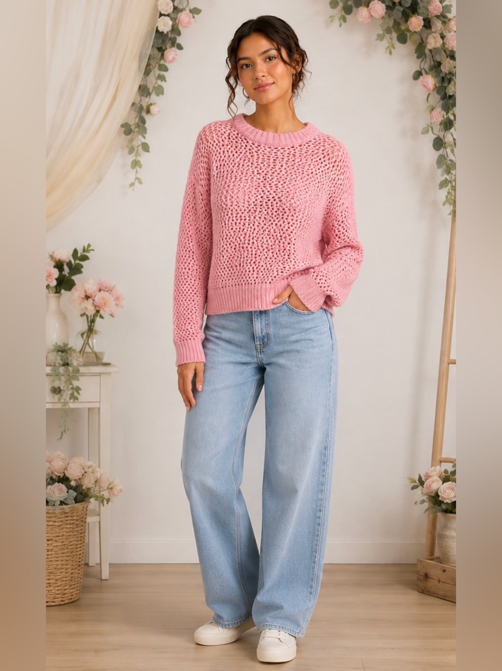 Wild Fable Pink Open Knit Oversized Sweater Pullover M NWT